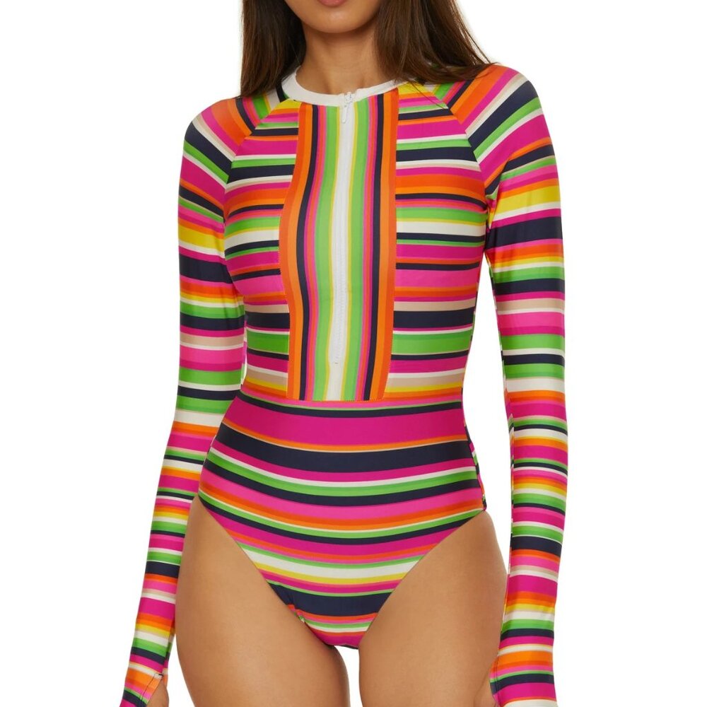NWT Trina Turk Stripe Splash Long Sleeve Surfsuit Paddle Suit One Puece Swimsuit
